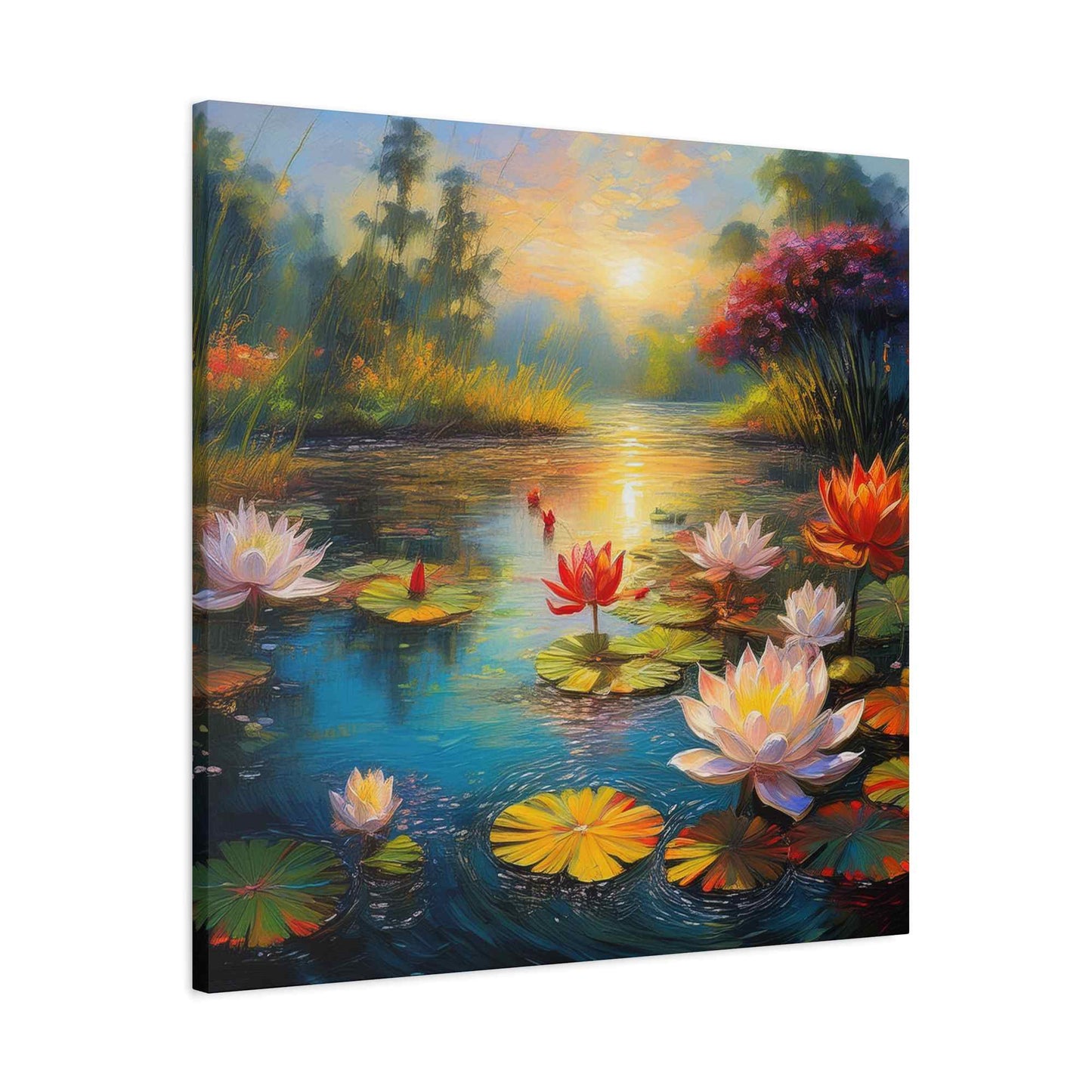 Water Lilies Print Canvas, Oil Paint Print 20x20, 24x24, 30x30, 32x32, 36x36 Floral Art Print Pine-Wood Inner Frame MC-67