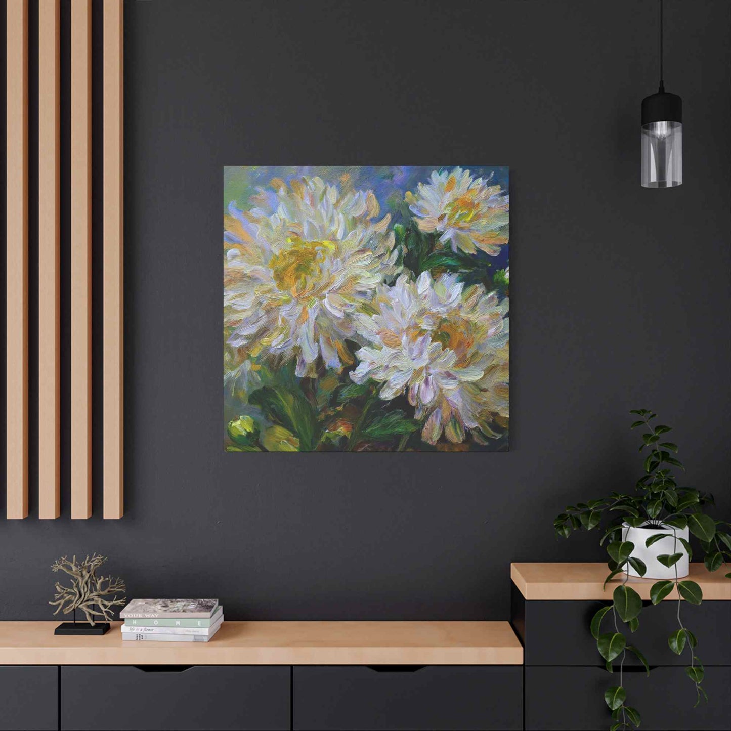 Chrysanthemums Print Canvas, Floral Oil Paint Print 20x20, 24x24, 30x30, 32x32, 36x36 Art Design Pine-Wood Inner Frame MC-160