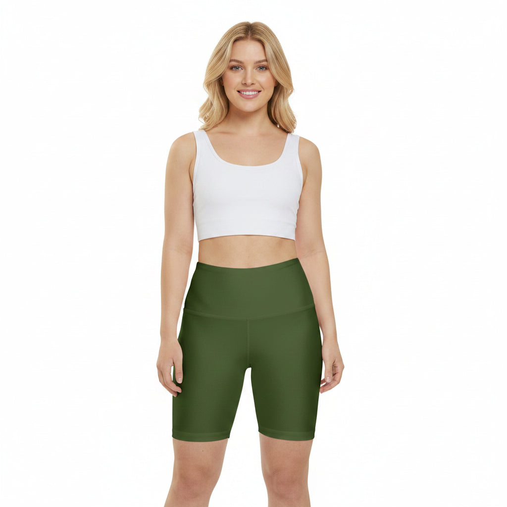 Olive Leaf Green High-Waist Women's Workout Shorts — Stretchy Biker Shorts for Gym & Yoga