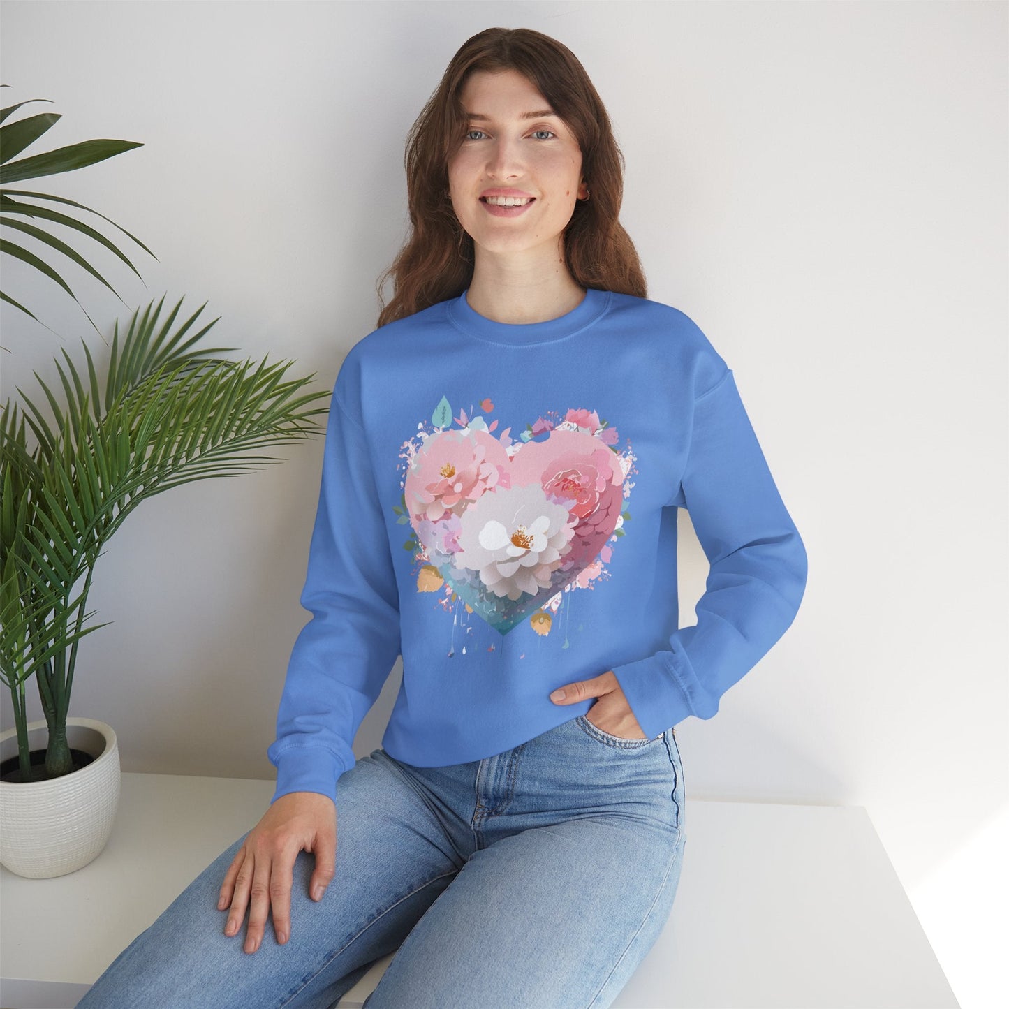Unisex Floral Heart Sweatshirt For Valentines Day With Love Floral Print Crewneck