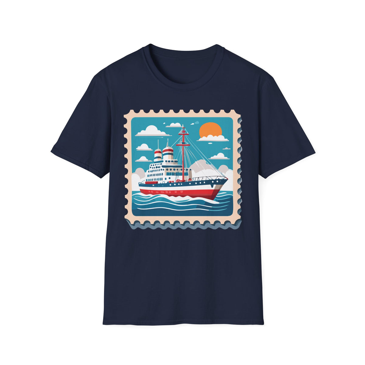 Vintage Cruise Ship Stamp T-Shirt | Nautical Ocean Sunset Design