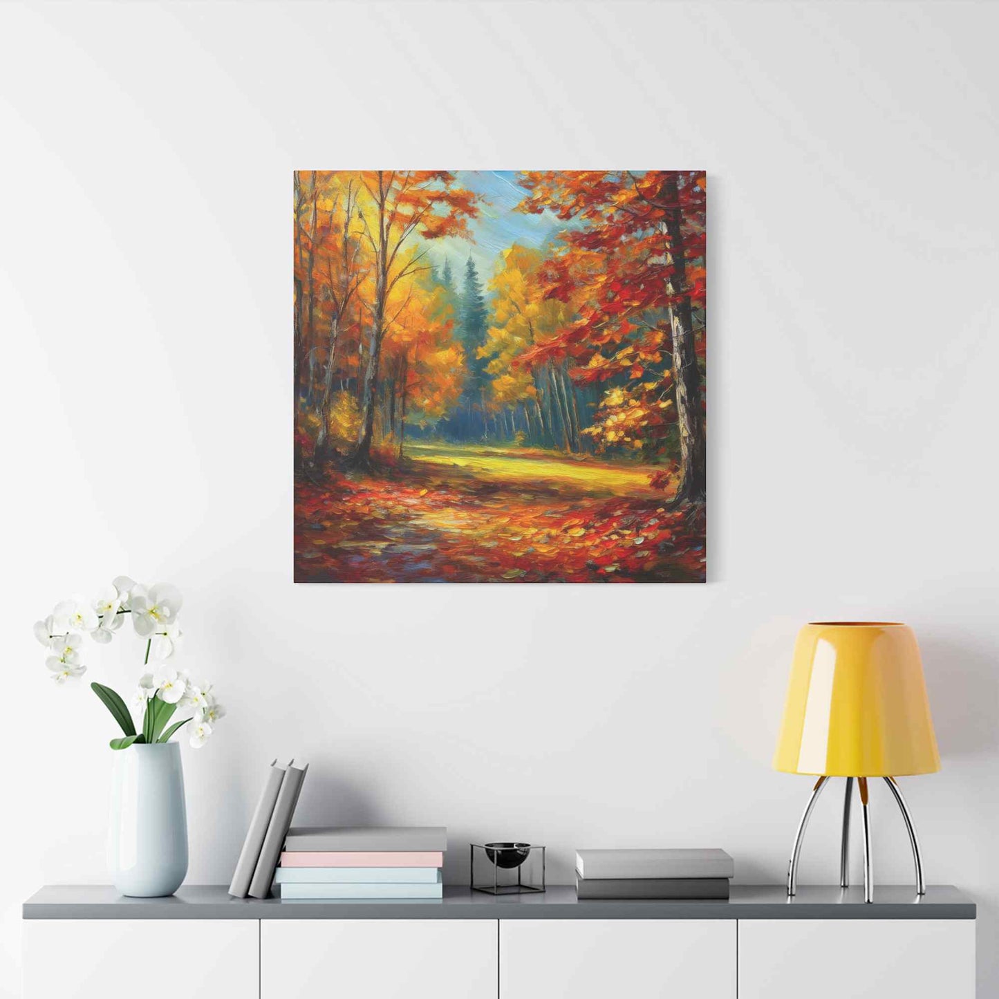 Fall Forest Print Canvas, Oil Paint Print 20x20, 24x24, 30x30, 32x32, 36x36 Art Design Print Pine-Wood Inner Frame MC-100