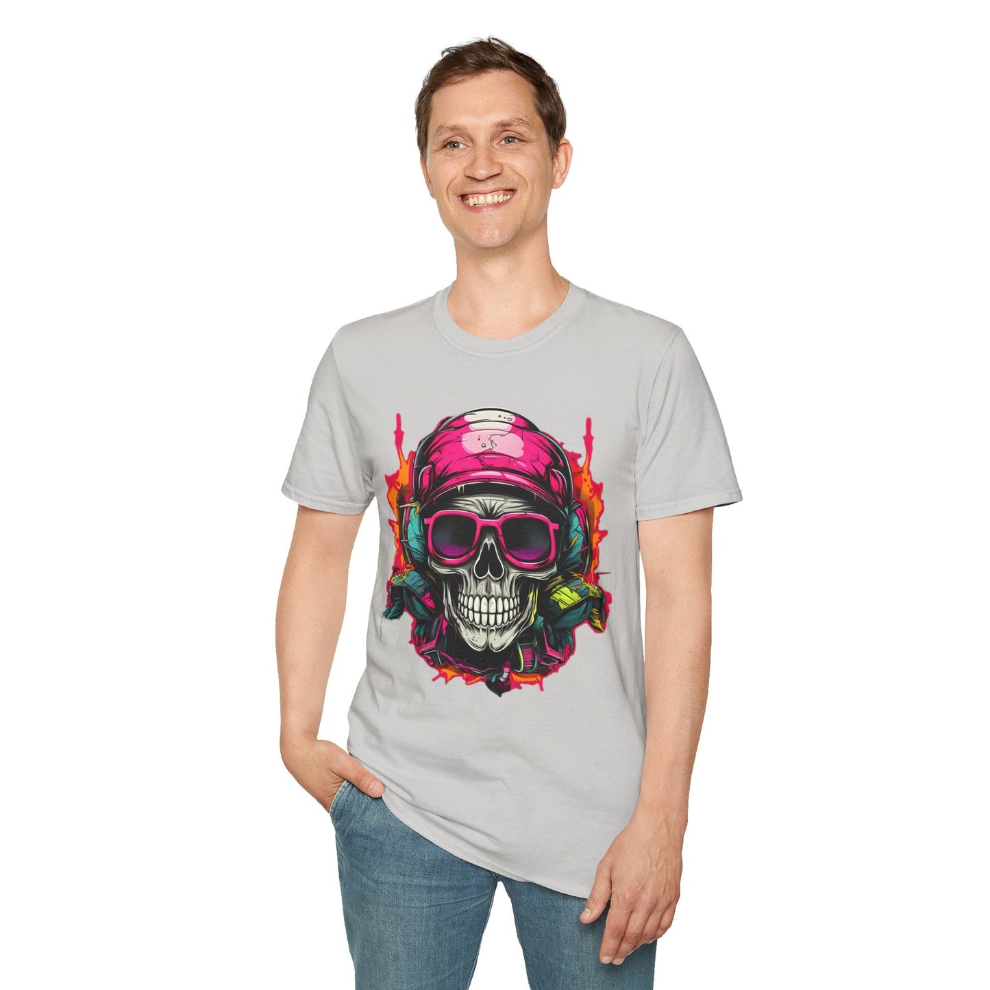 Unisex Skull Tee Shirt With Skeleton Design Gildan Softstyle 64000 Ring Spun Cotton