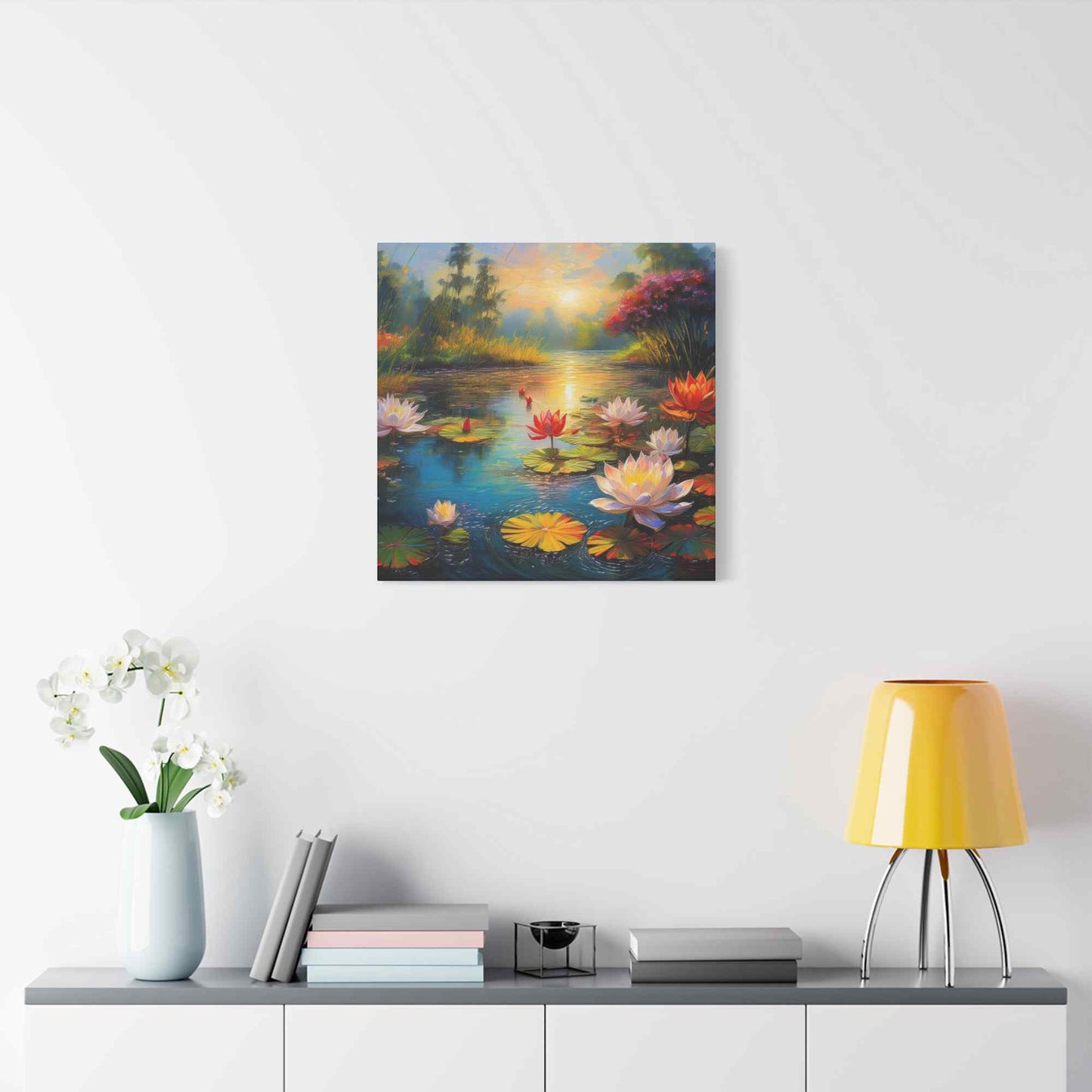 Water Lilies Print Canvas, Oil Paint Print 20x20, 24x24, 30x30, 32x32, 36x36 Floral Art Print Pine-Wood Inner Frame MC-67