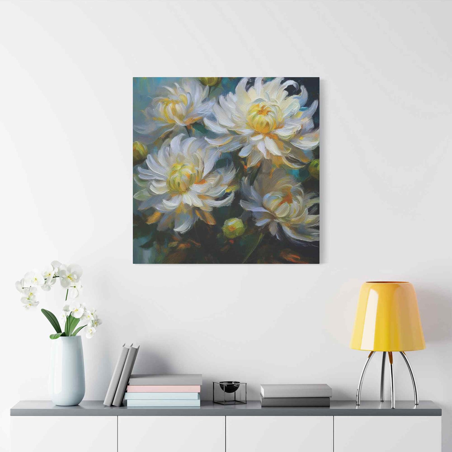 Chrysanthemums Print Canvas, Floral Oil Paint Print 20x20, 24x24, 30x30, 32x32, 36x36 Art Design Pine-Wood Inner Frame MC-159