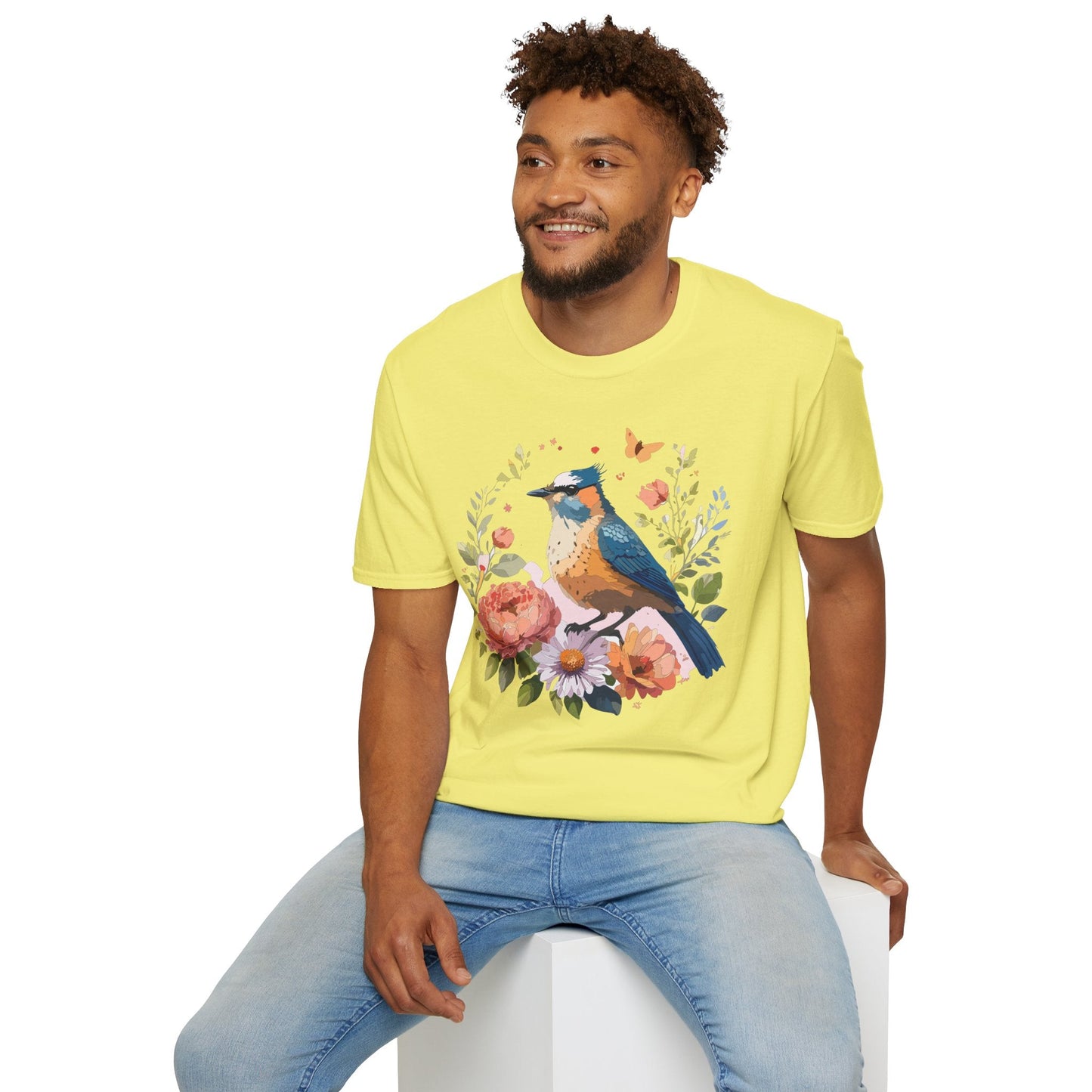 Floral Bird T Shirt Unisex Softstyle Gildan 64000 Tee 100 Percent Ring Spun Cotton