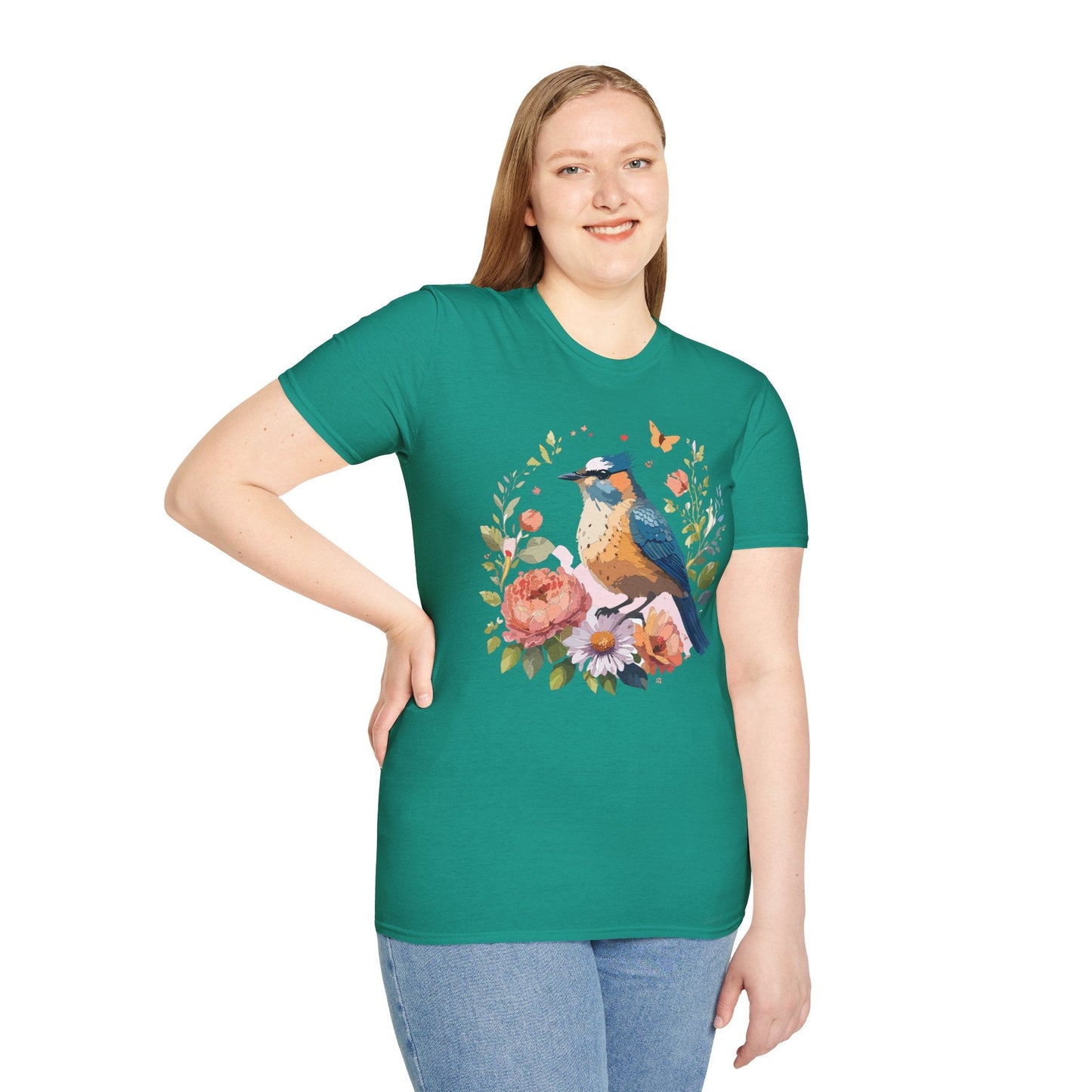 Floral Bird T Shirt Unisex Softstyle Gildan 64000 Tee 100 Percent Ring Spun Cotton