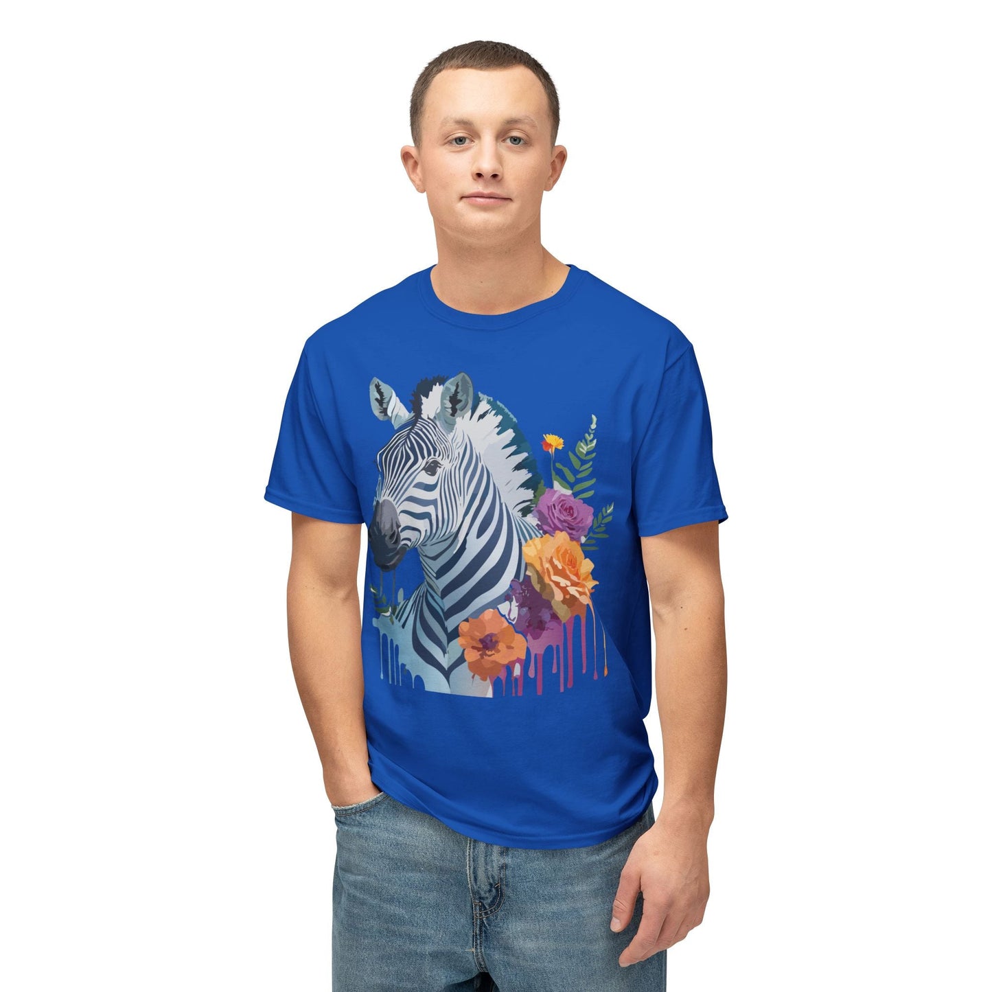 Unisex Zebra T Shirt With Floral Art Print Premium HD Cotton Jersey Tee Made In USA