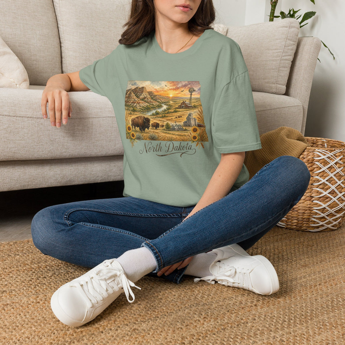 North Dakota State Travel Tourist Graphic Design Unisex 100 Cotton Gildan T-Shirt