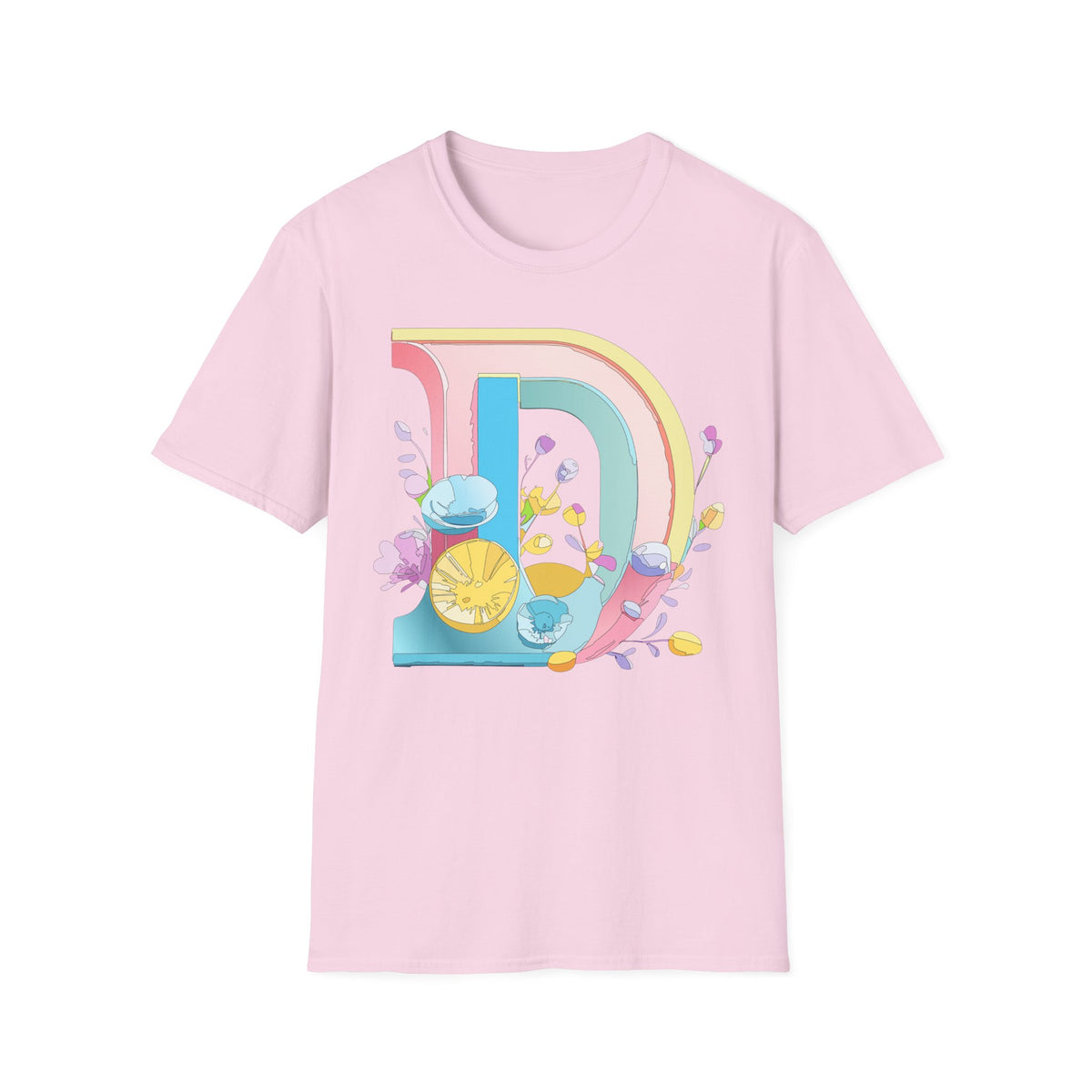 Retro Rainbow Letter D T-Shirt | Floral Lemon Initial Graphic