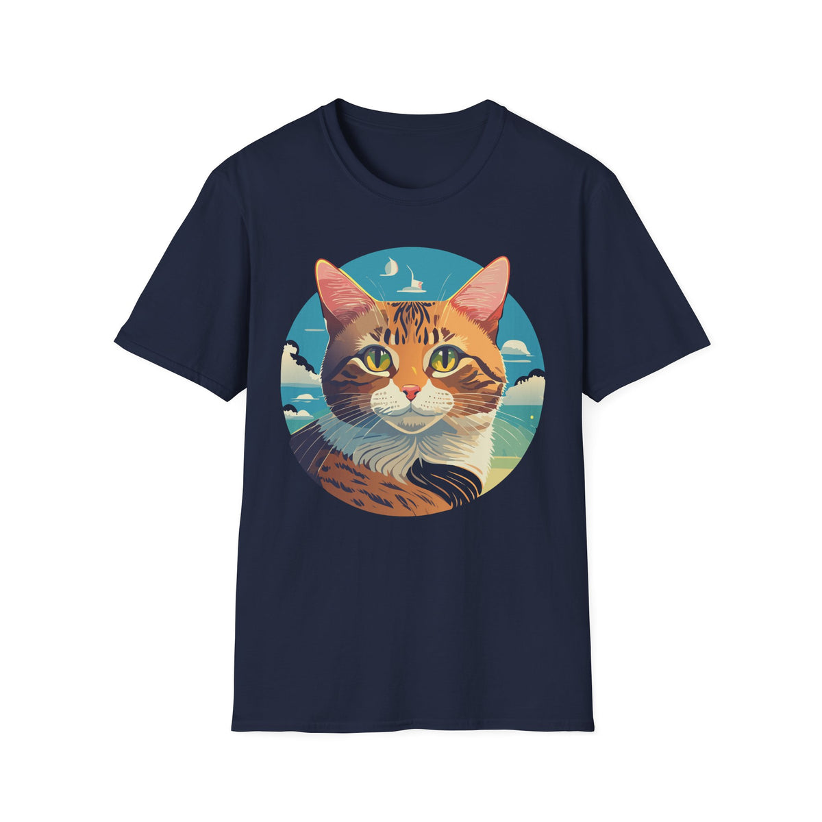 Sunset Tabby Cat T-Shirt | Cat Portrait Tee, Beach Sky Illustration