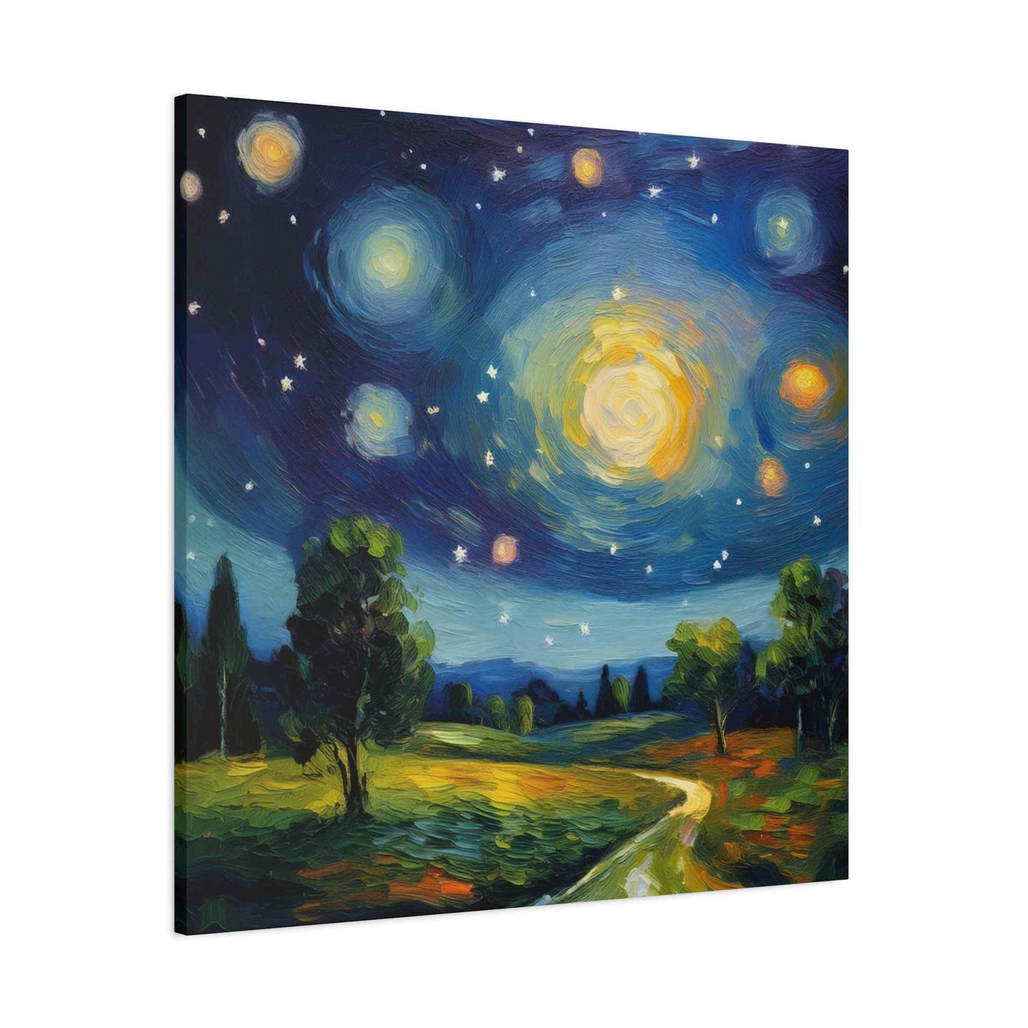 Starry Night Print Canvas, Oil Paint Print 20x20, 24x24, 30x30, 32x32, 36x36 Art Design Print Pine-Wood Inner Frame MC-40