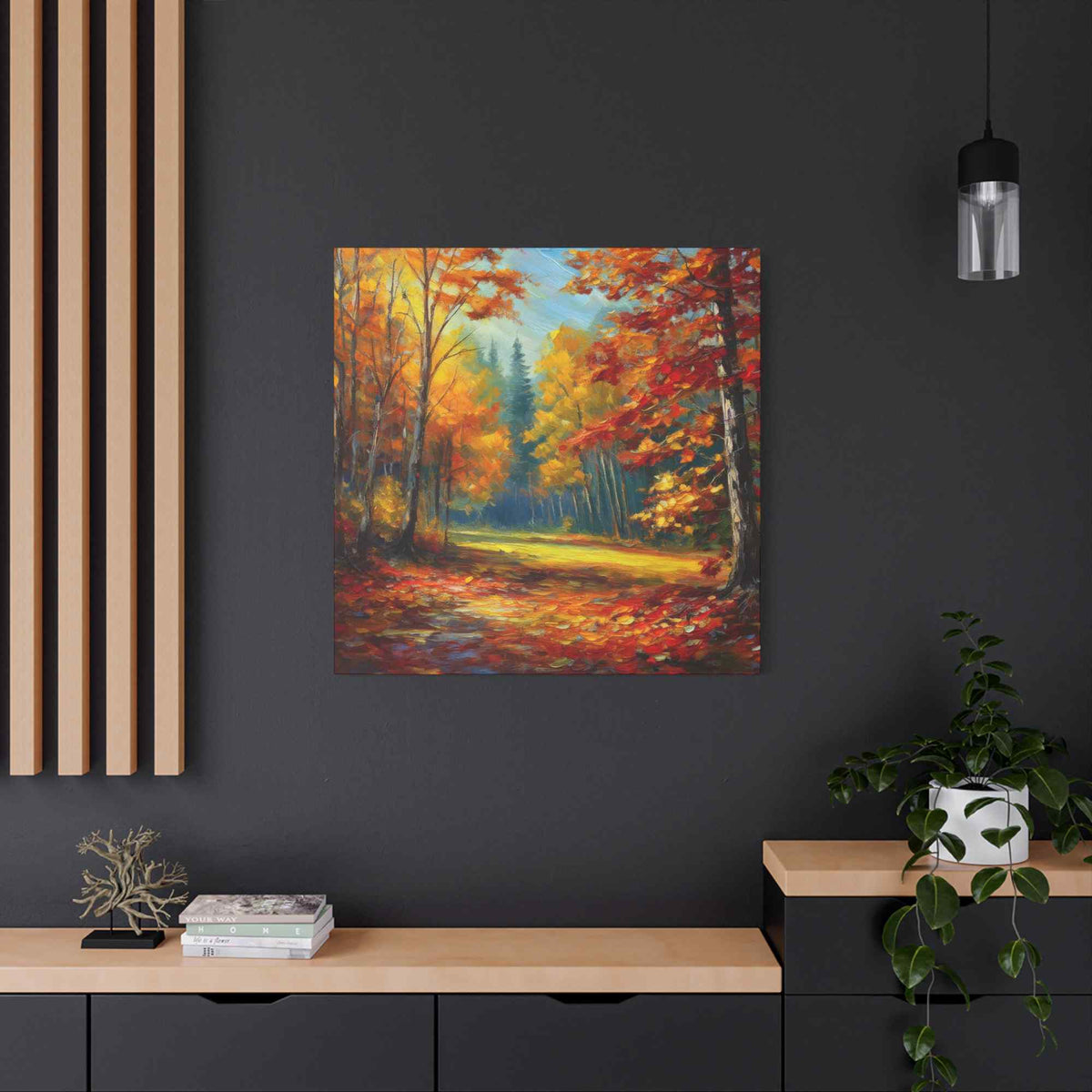 Fall Forest Print Canvas, Oil Paint Print 20x20, 24x24, 30x30, 32x32, 36x36 Art Design Print Pine-Wood Inner Frame MC-100