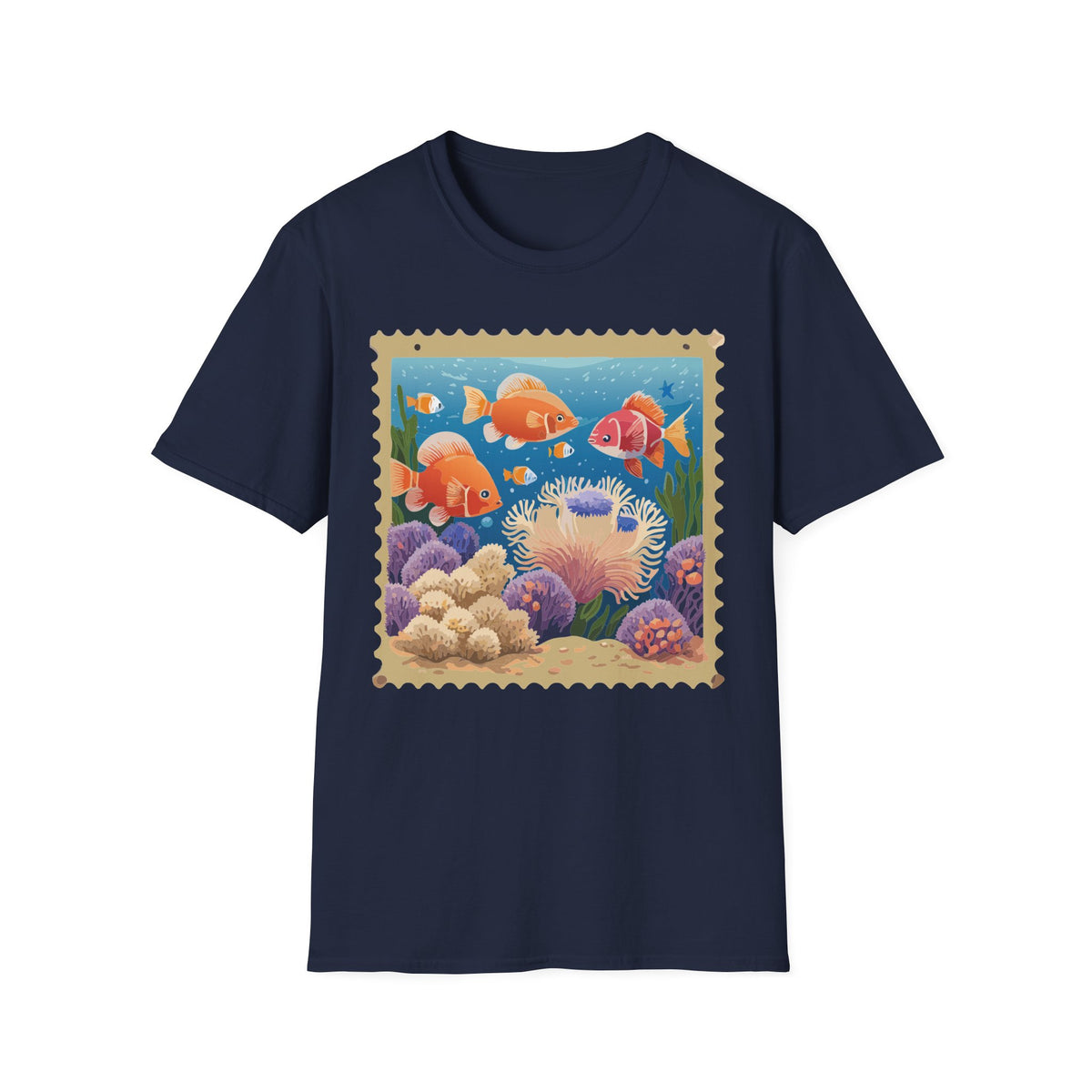 Goldfish Aquarium Illustration T-Shirt | Underwater Coral Reef Stamp Graphic Tee Unisex 100 Cotton Gildan T-Shirt