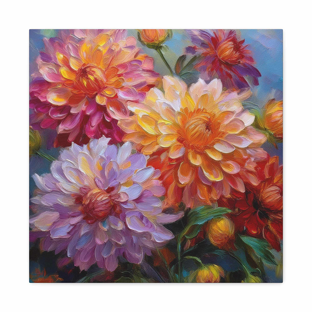 Dahlias Floral Print Canvas, Floral Oil Paint Print 20x20, 24x24, 30x30, 32x32, 36x36 Art Design Pine-Wood Inner Frame MC-165