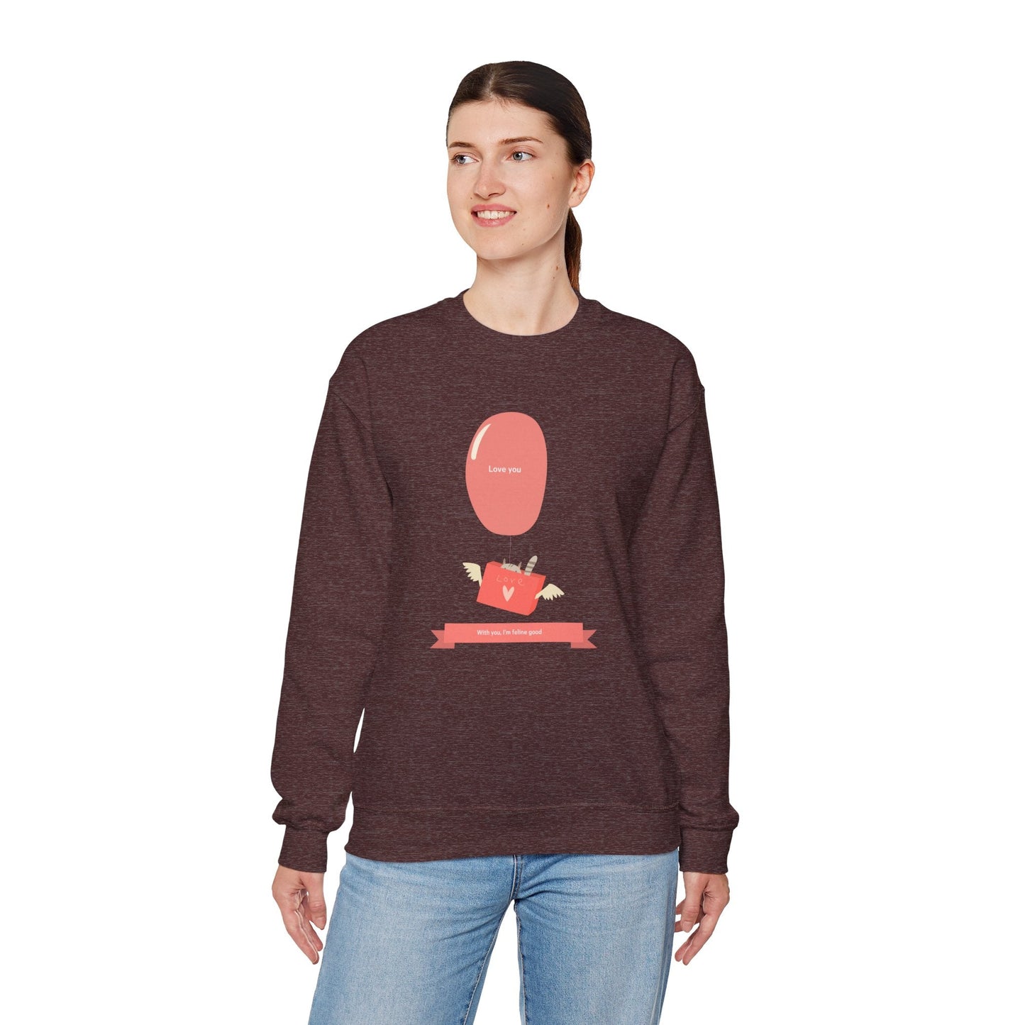 Cat Love Balloon Sweatshirt Unisex Fifty Fifty Cotton Poly Valentine Heavy Blend Crewneck Sweatshirt