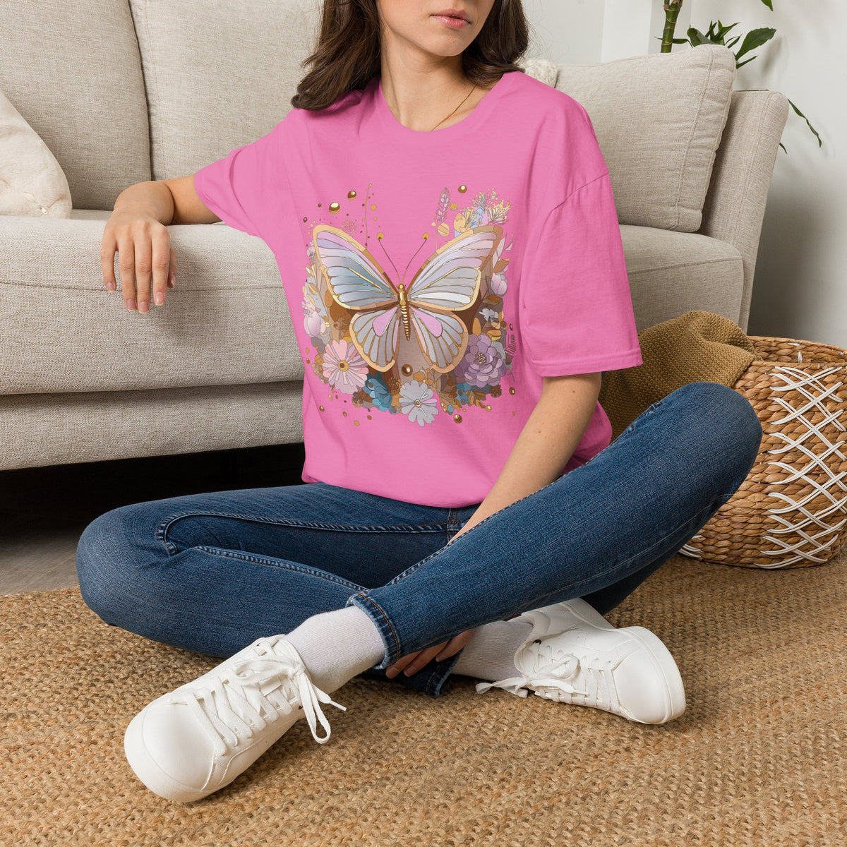 Pastel Butterfly Floral T-Shirt — Gold Accent Butterfly Graphic Design Unisex 100 Cotton Gildan T-Shirt