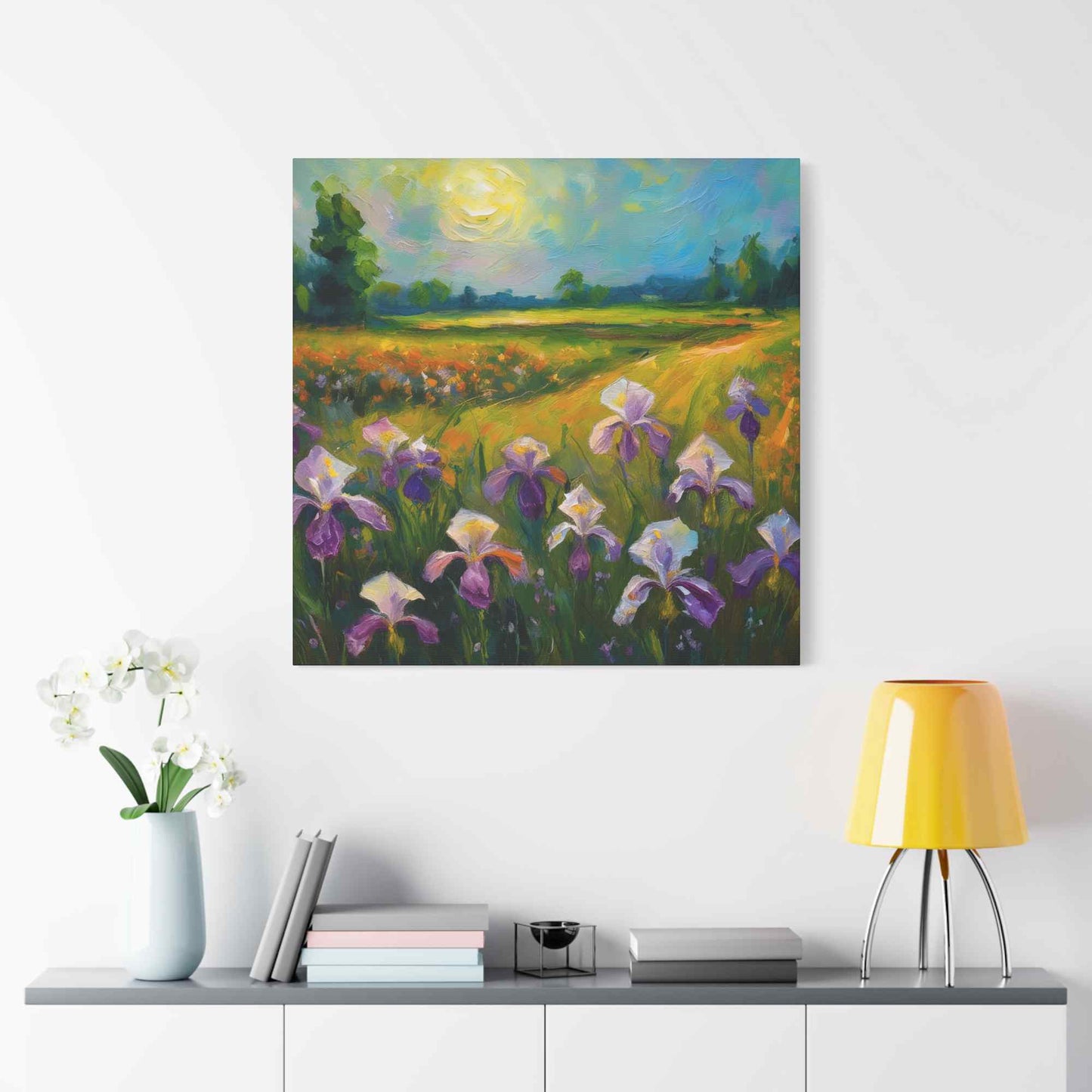 Irises Floral Print Canvas, Floral Oil Paint Print 20x20, 24x24, 30x30, 32x32, 36x36 Art Design Pine-Wood Inner Frame MC-180