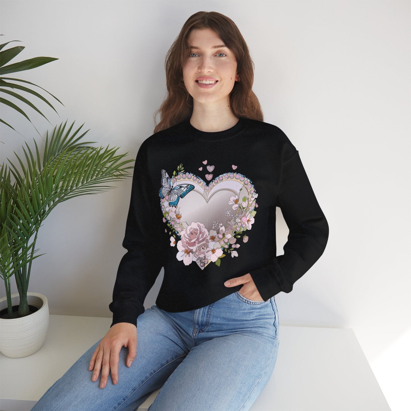 Unisex Floral Heart Sweatshirt For Valentines Day With Floral Love Print Crewneck Heavy Blend