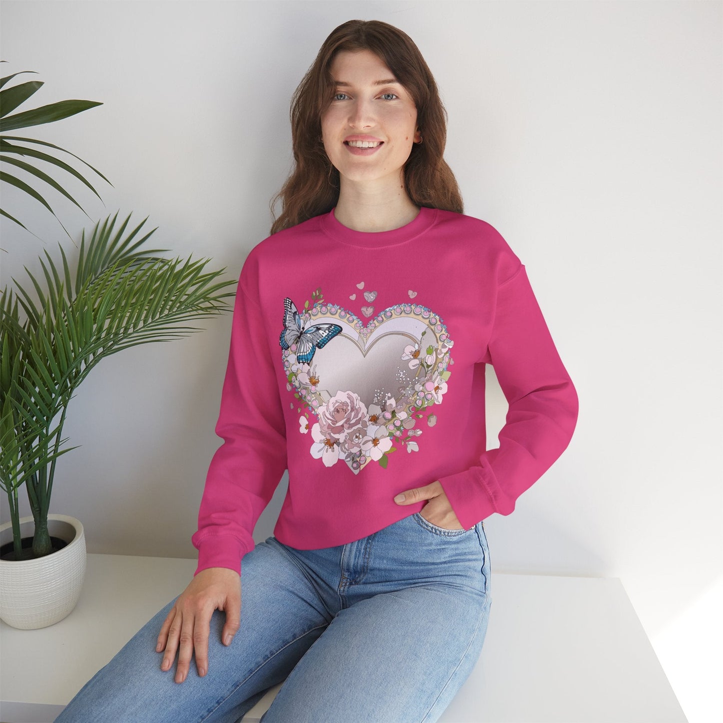 Unisex Floral Heart Sweatshirt For Valentines Day With Floral Love Print Crewneck Heavy Blend