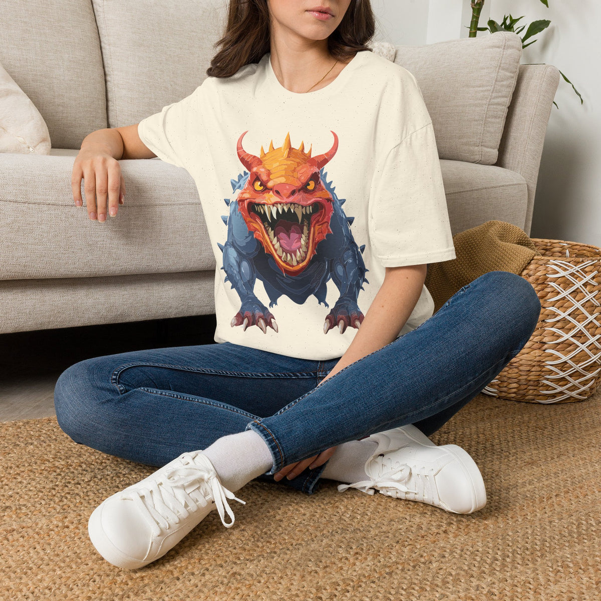 Dragon Monster T-Shirt — Fierce Orange & Blue Fantasy Creature Cartoon Graphic Tee Unisex 100 Cotton Gildan T-Shirt