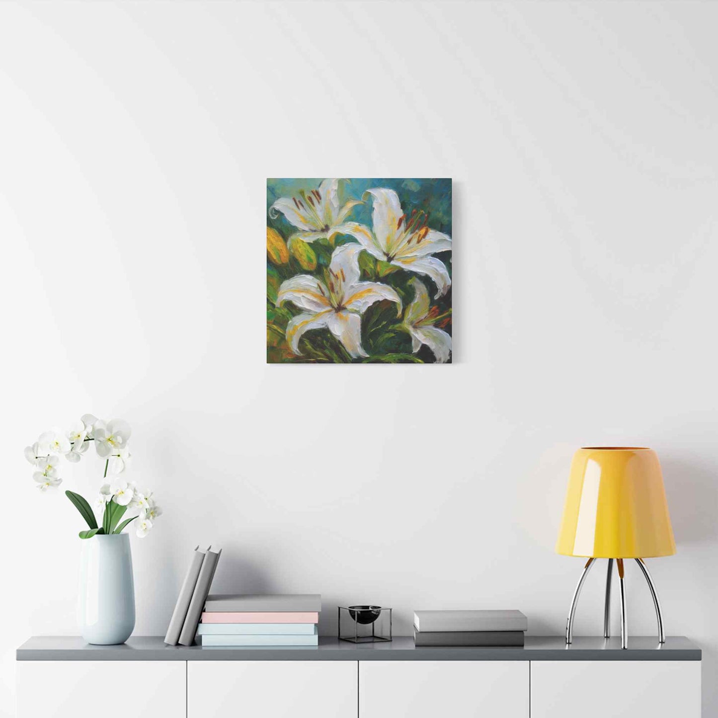 White Lilies Print Canvas, Floral Oil Paint Print 20x20, 24x24, 30x30, 32x32, 36x36 Art Design Pine-Wood Inner Frame MC-153