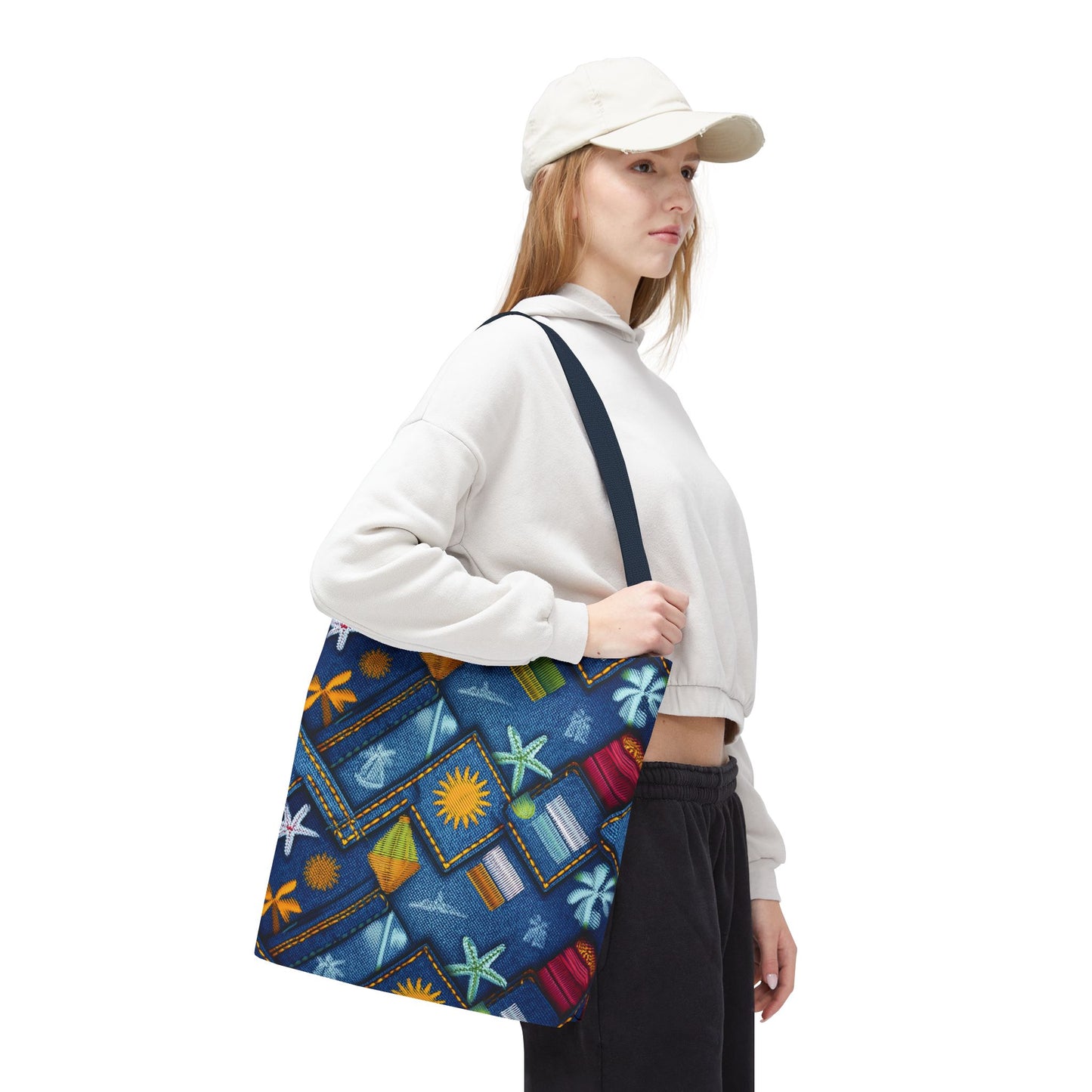 Denim Fabric Imitation Print Unisex Canvas Bag Poly Spun 3 Sizes Tote Bag 182-2