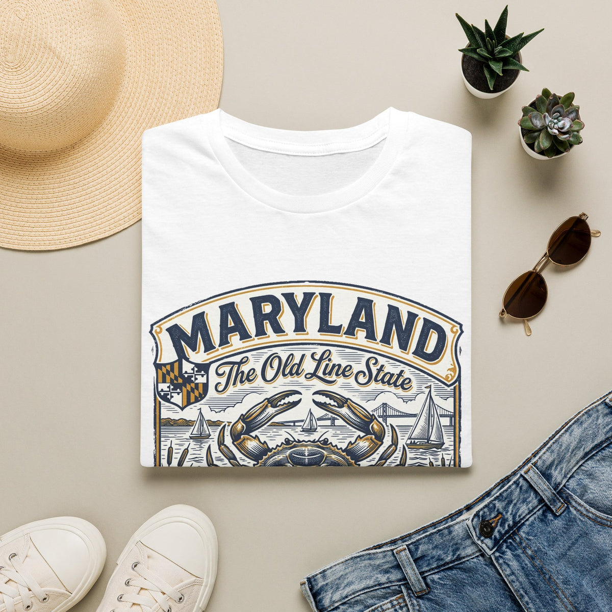 Maryland The Old Line State T-Shirt — Blue Crab Chesapeake Vintage Travel Tourist Graphic Design Unisex 100 Cotton Gildan T-Shirt