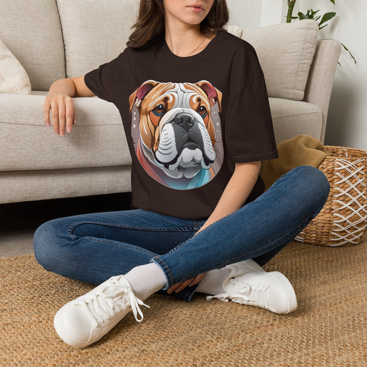 Bulldog Graphic T-Shirt — Colorful English Bulldog Portrait Graphic Design Unisex 100 Cotton Gildan T-Shirt