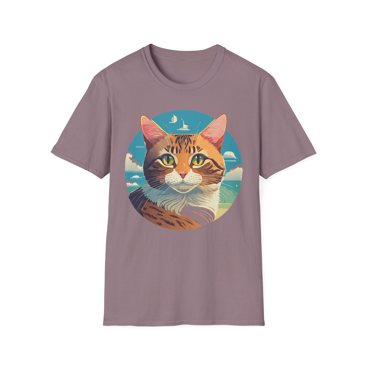 Sunset Tabby Cat T-Shirt | Cat Portrait Tee, Beach Sky Illustration