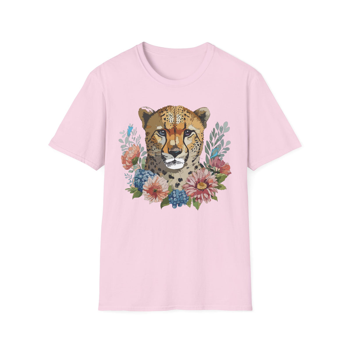 Floral Cheetah Face T-Shirt | Wild Cat Illustration, Botanical Accent