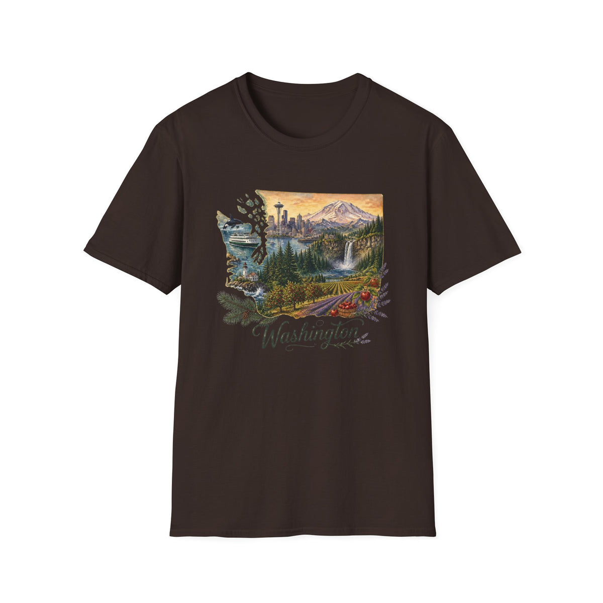 Washington Scenic T-Shirt — Vintage Mountain & Waterfall State Travel Tourist Graphic Design Unisex 100 Cotton Gildan T-Shirt