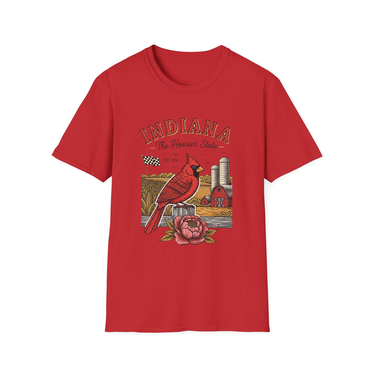 Indiana Cardinal Bird Farm Tee — Indiana The Hoosier State Graphic Travel Tourist Graphic Design Unisex 100 Cotton Gildan T-Shirt