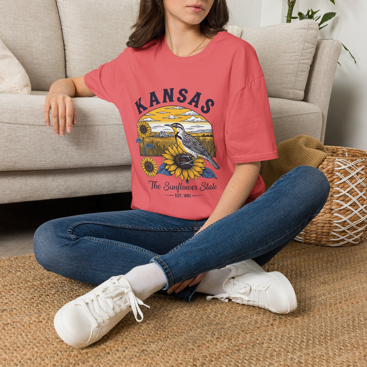 Kansas Sunflower State T-Shirt — Meadowlark Sunflowers Travel Tourist Graphic Design Unisex 100 Cotton Gildan T-Shirt