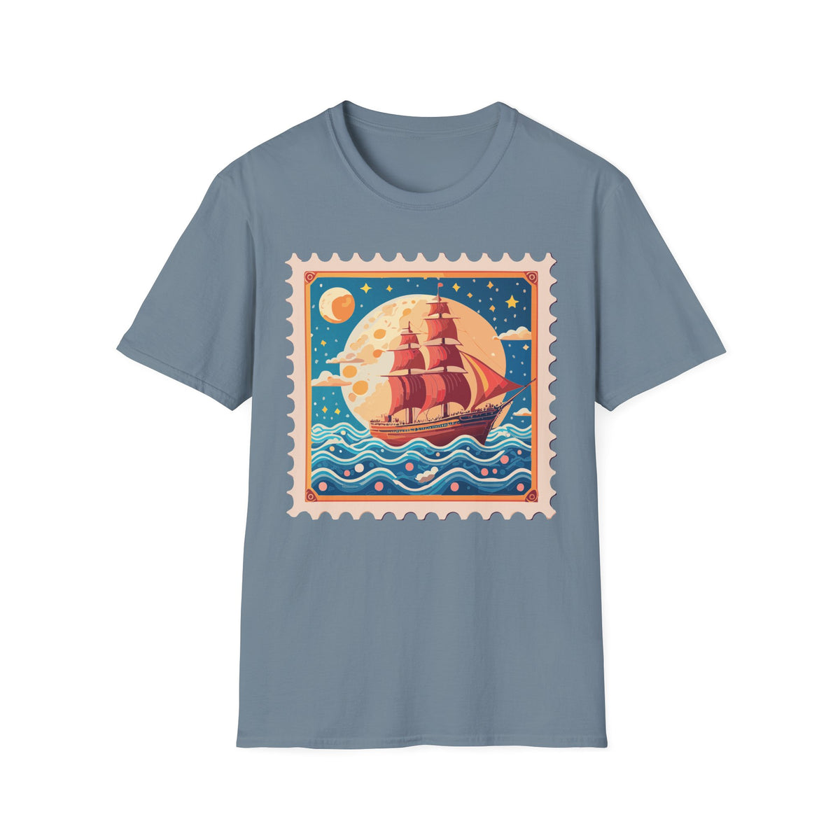 Vintage Sailing Ship Stamp T-Shirt | Retro Moon Ocean Illustration