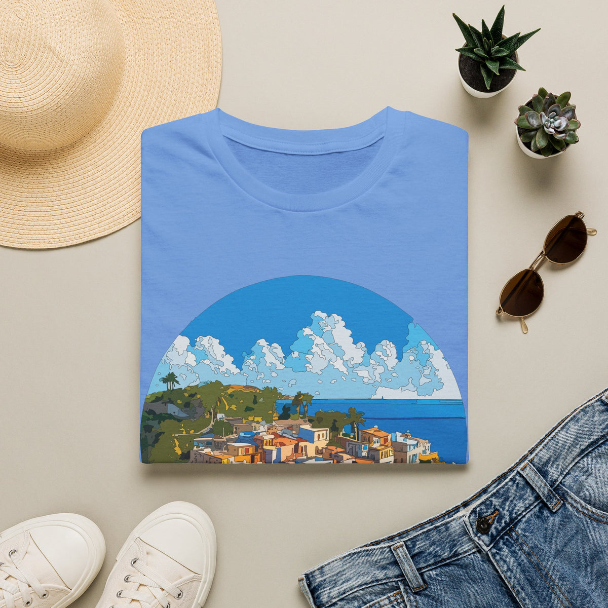 Coastal Italy Village Illustration T-Shirt | Mediterranean Seaside Graphic Tee