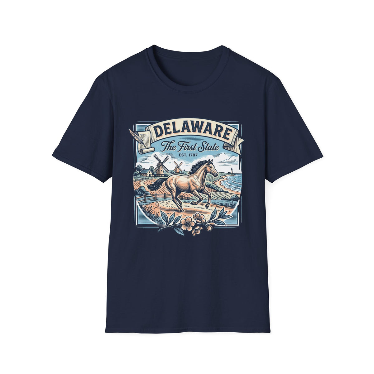 Delaware 'The First State' Scenic Travel Tourist Graphic Tee Unisex 100 Cotton Gildan T-Shirt