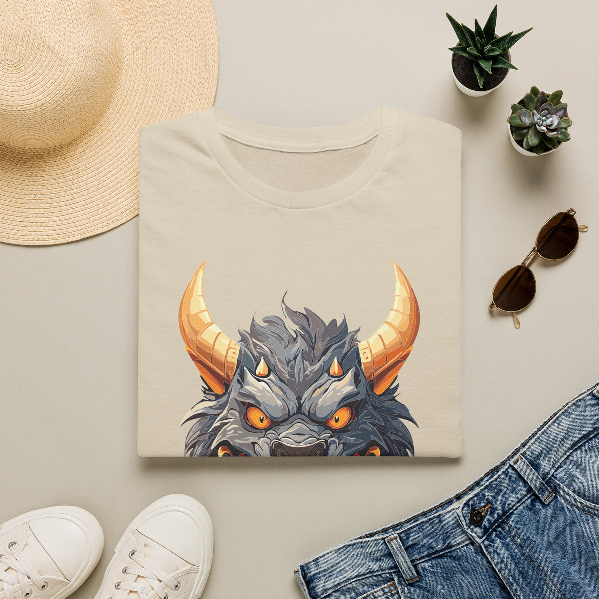Demonic Beast Head T-Shirt — Horned Monster Cartoon Graphic Tee Unisex 100 Cotton Gildan T-Shirt