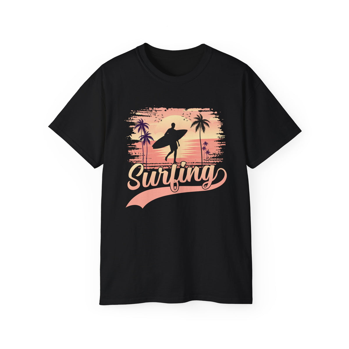 Surfing Silhouette Sunset T-Shirt | Palm Trees, Retro Wave Graphic