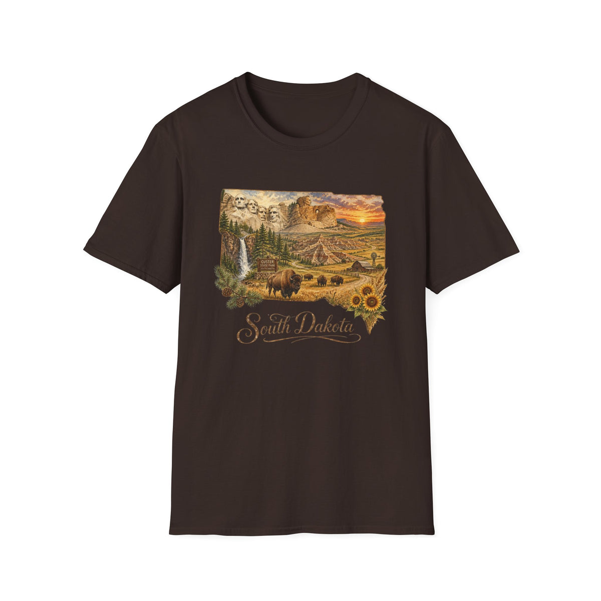 South Dakota Scenic T-Shirt — State Landscape Sunset Travel Tourist Graphic Design Unisex 100 Cotton Gildan T-Shirt