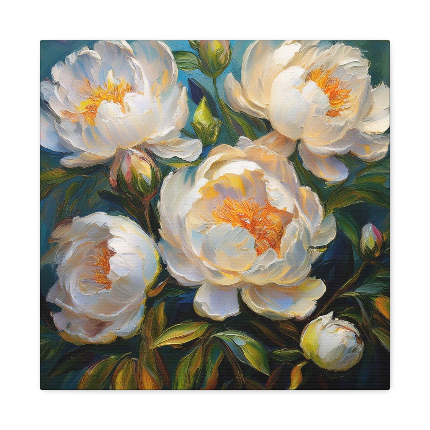 White Peonies Print Canvas, Floral Oil Paint Print 20x20, 24x24, 30x30, 32x32, 36x36 Art Design Pine-Wood Inner Frame MC-118
