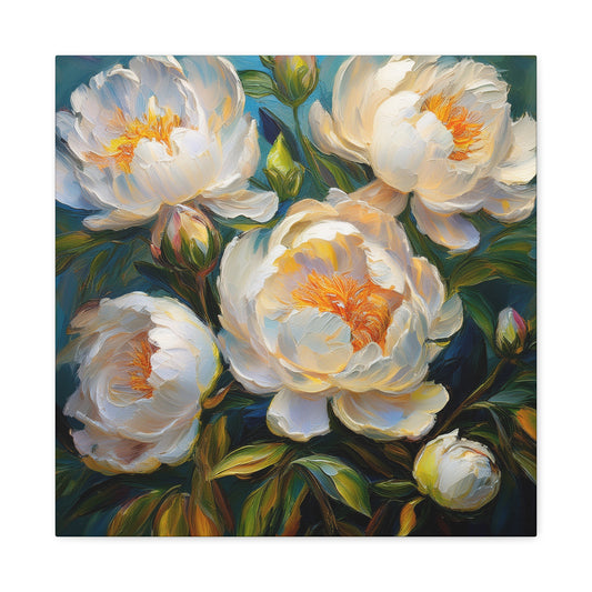 White Peonies Print Canvas, Floral Oil Paint Print 20x20, 24x24, 30x30, 32x32, 36x36 Art Design Pine-Wood Inner Frame MC-118