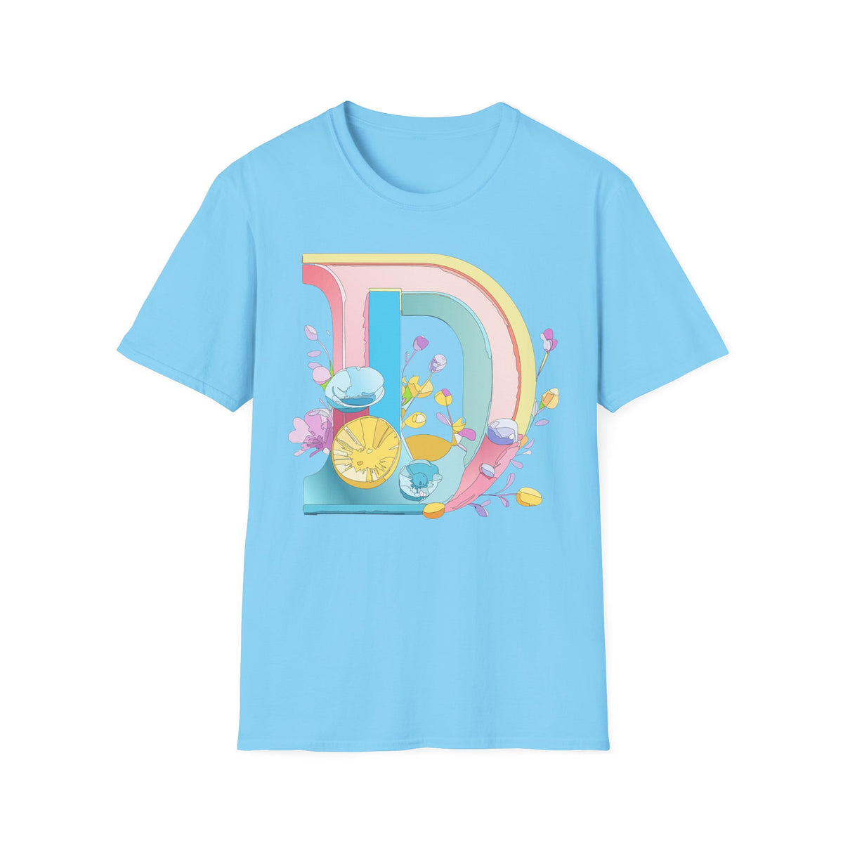 Retro Rainbow Letter D T-Shirt | Floral Lemon Initial Graphic