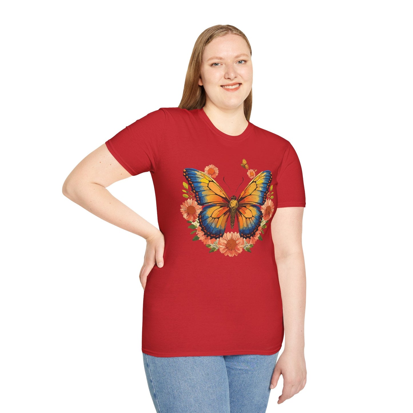 Butterfly T Shirt Unisex Softstyle Gildan 64000 Monarch Print 100 Percent Ring Spun Cotton
