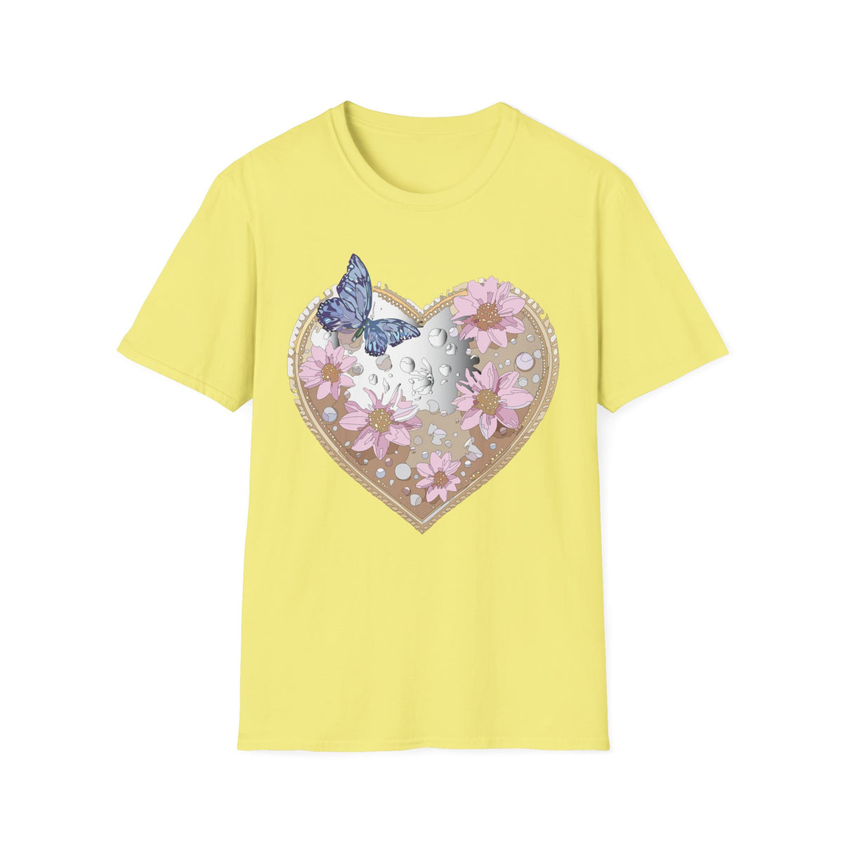 Floral Heart with Butterfly T-Shirt | Pink Flowers, Moon Phases Graphic Tee Unisex 100 Cotton Gildan T-Shirt