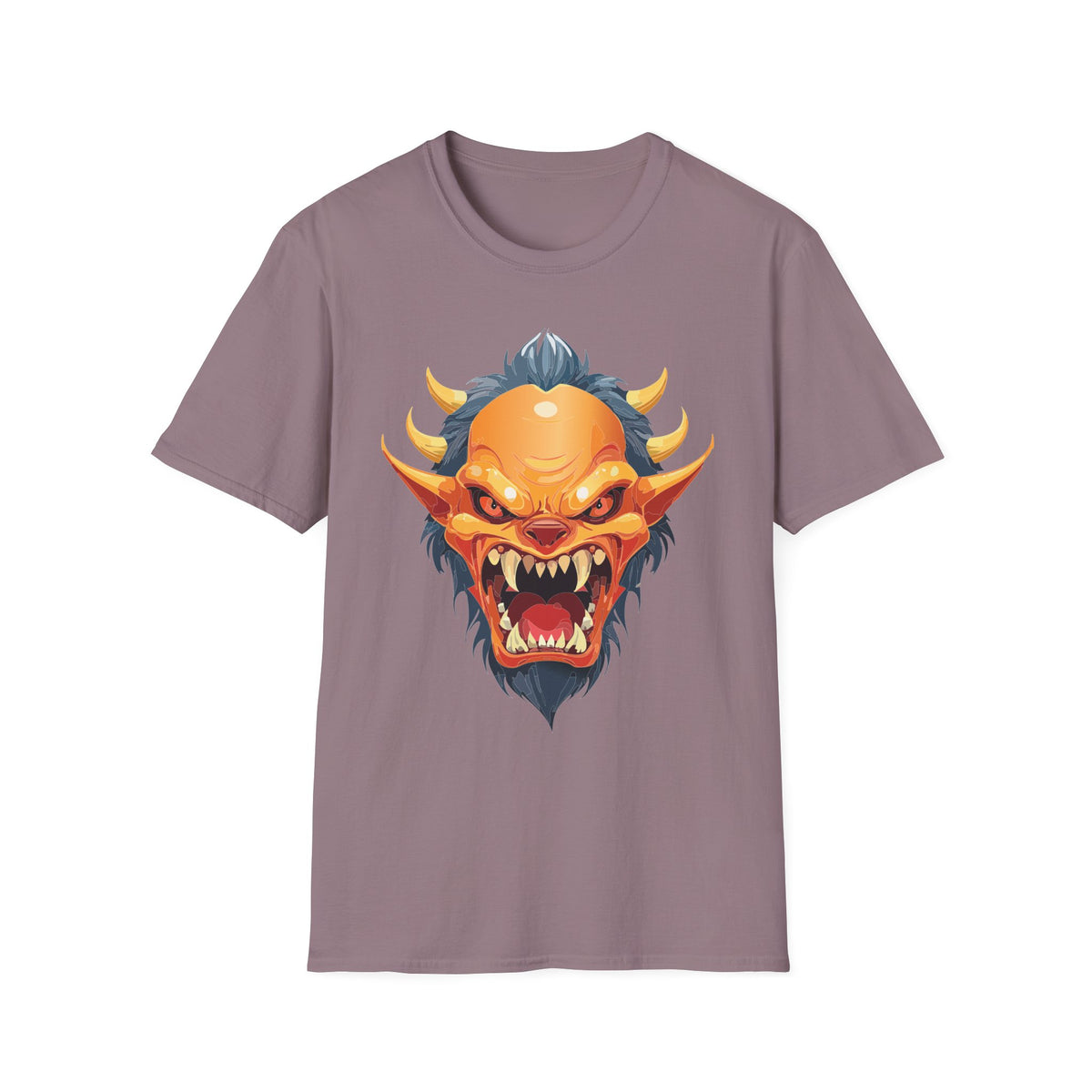 Demonic Oni Mask T-Shirt — Fierce Japanese Demon Face Cartoon Graphic Tee Unisex 100 Cotton Gildan T-Shirt