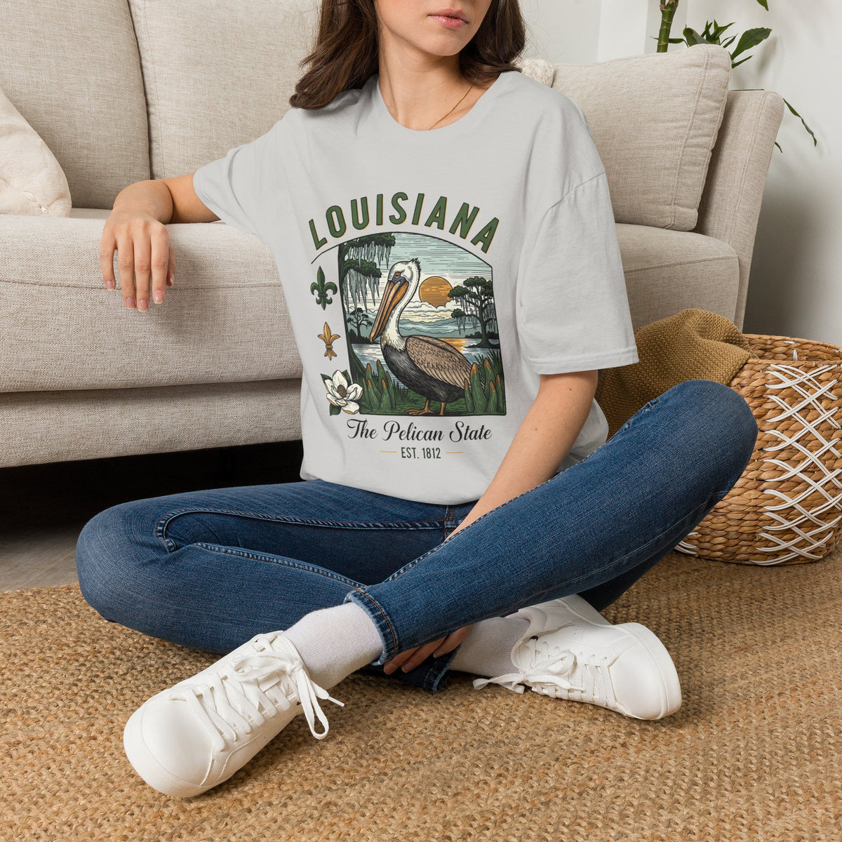 Louisiana Pelican State Graphic T-Shirt — Vintage Bayou Sunset Travel Tourist Graphic Design Unisex 100 Cotton Gildan T-Shirt