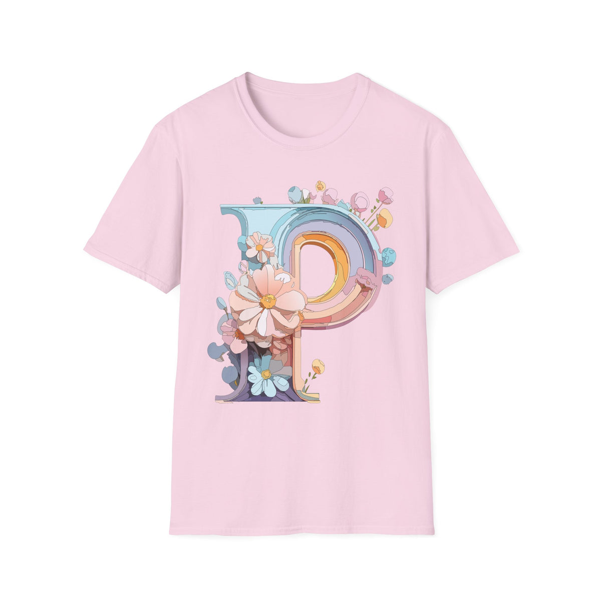 Floral Letter P T-Shirt | Pastel Rainbow Monogram Tee