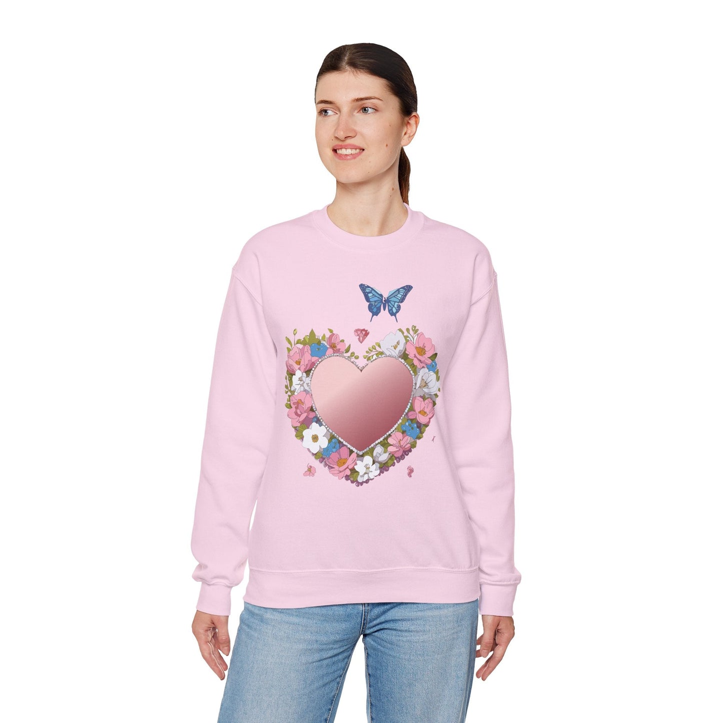 Unisex Floral Heart Sweatshirt Valentines Day Love Crewneck Gildan 18000 50/50 Cotton Polyester