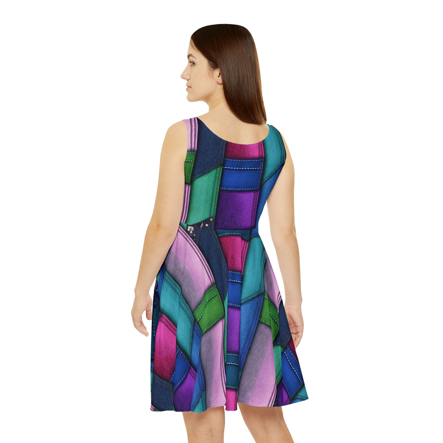 Women Denim Print Skater Dress, Denim Print Poly-Span Dress - 7